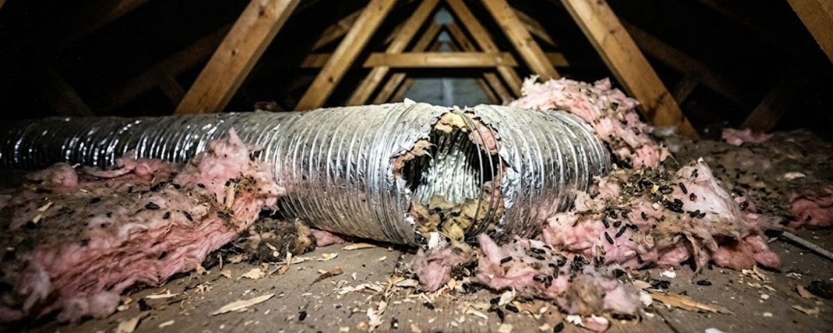 Attic interior showing contaminated insulation and gnawed flex duct