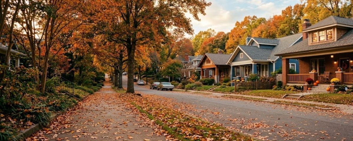 Autumn Chattanooga street with falling pecan leaves and residential homes
