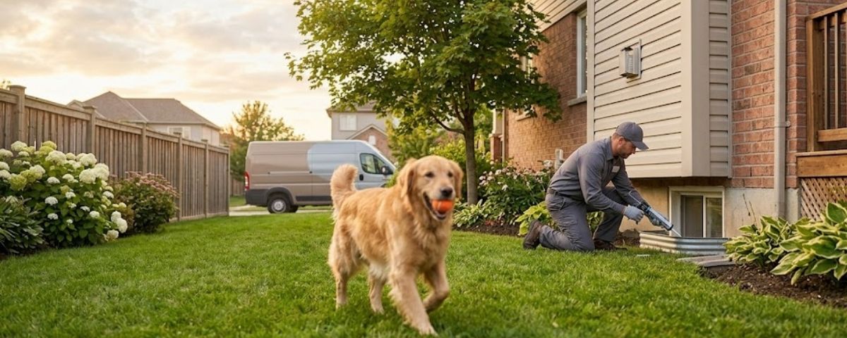 Dog in suburban backyard with technician sealing foundation in background