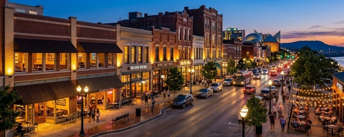 Chattanooga Southside restaurant corridor at dusk