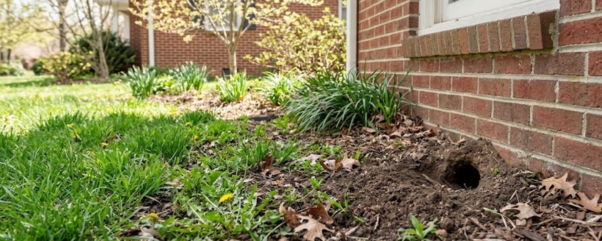 Spring Chattanooga yard with Norway rat burrow entrance near foundation