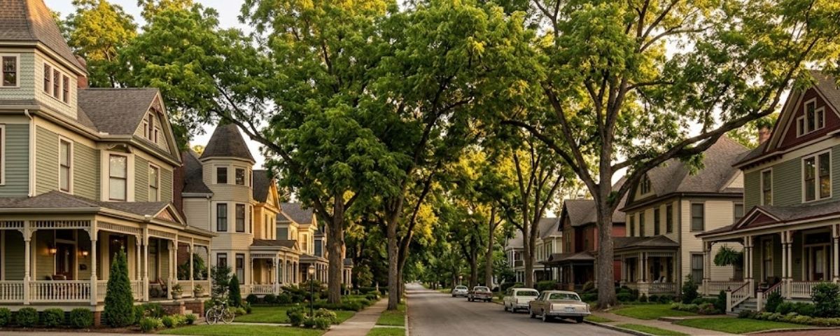 St. Elmo Avenue historic Victorian homes with mature pecan canopy touching rooflines