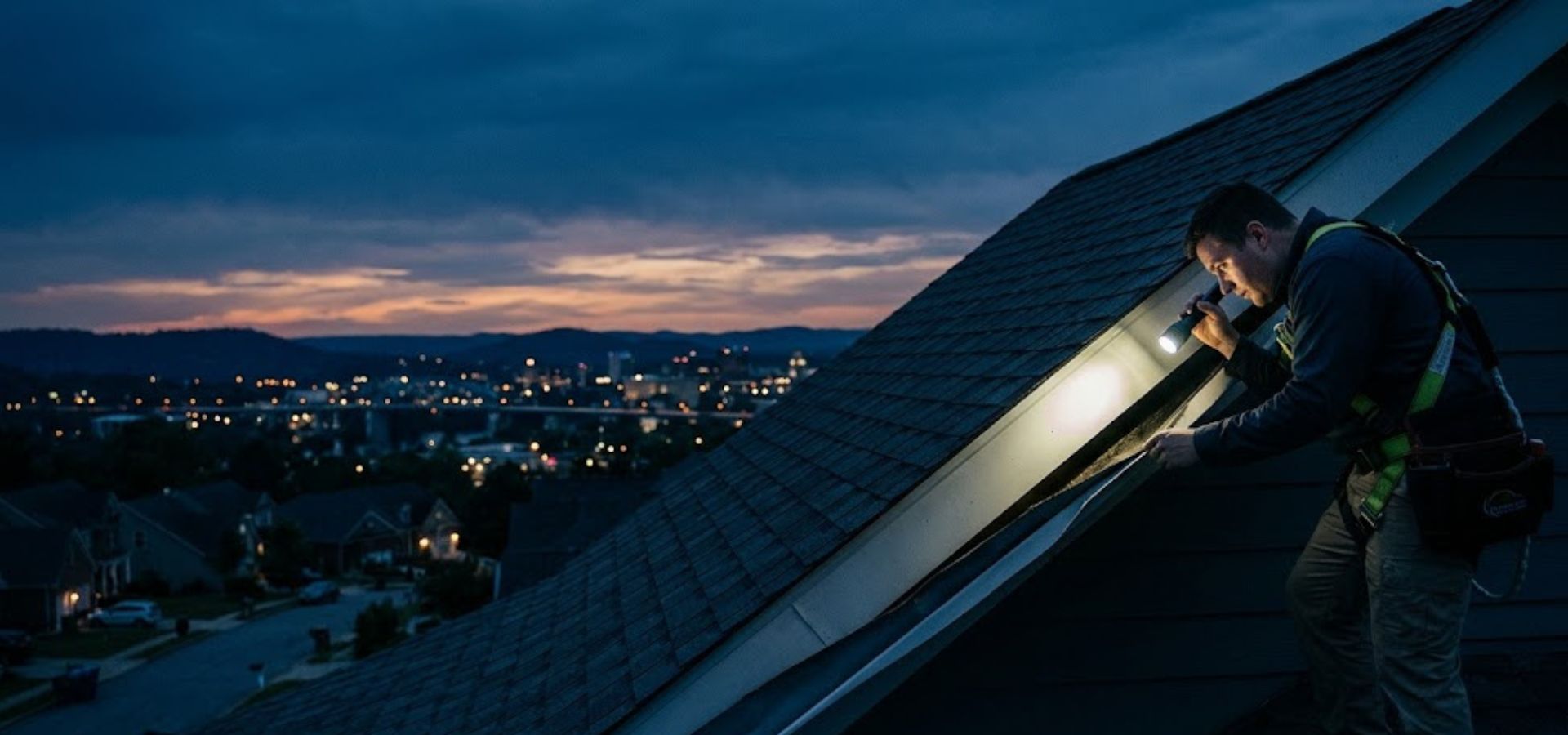 Rodent control technician inspecting a Chattanooga home roofline