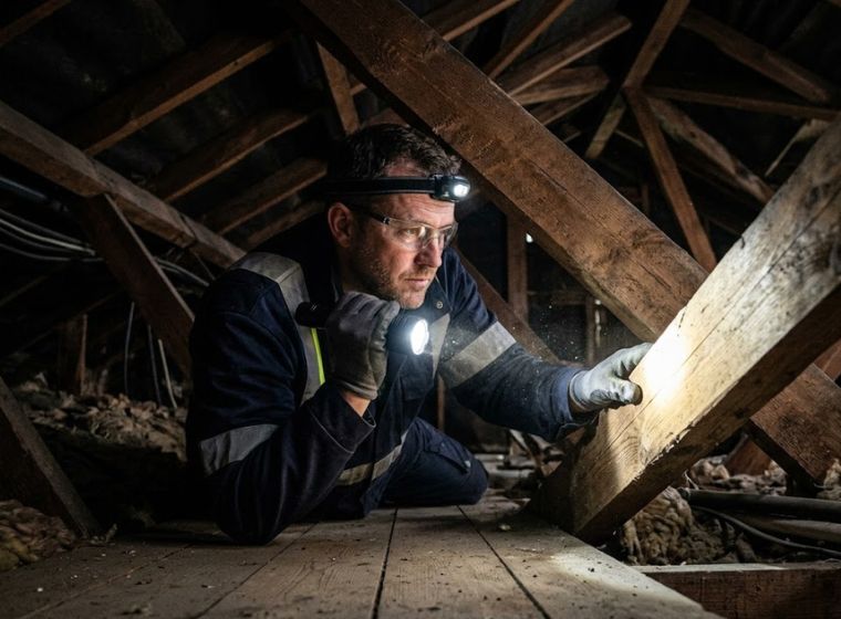 Rodent control inspector examining attic rafters in a Chattanooga home