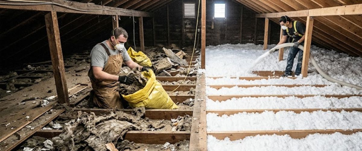 Attic restoration after roof rat infestation — contaminated insulation removal
