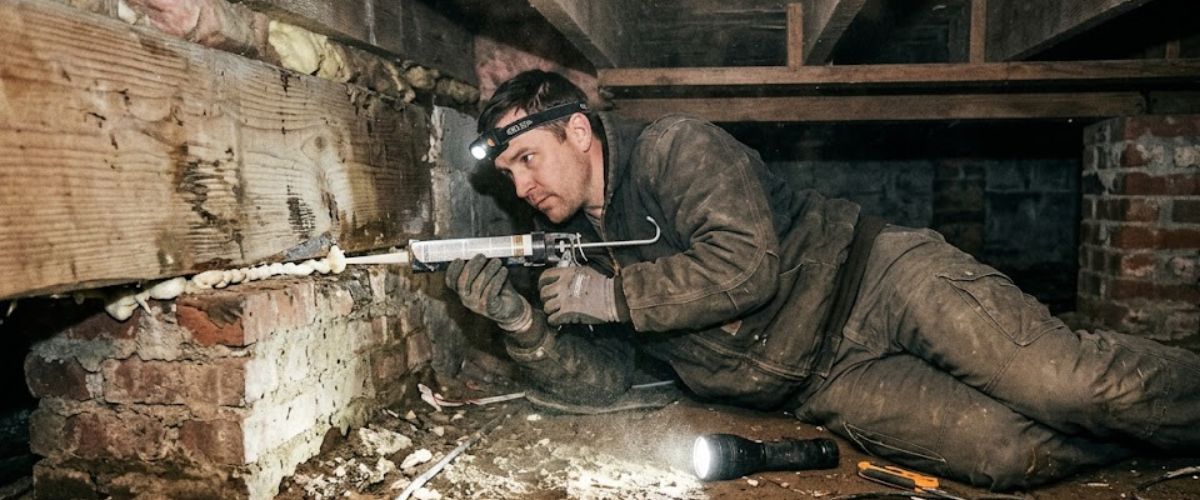 Technician inspecting Chattanooga crawl space with headlamp and vapor barrier visible