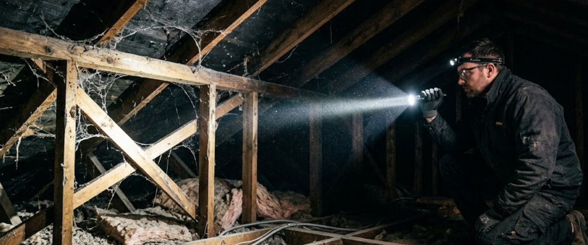 Technician documenting rodent damage to attic wiring and insulation