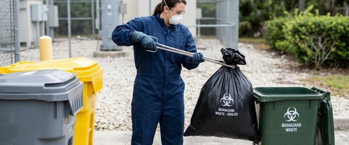 Technician in PPE locating dead rodent in Chattanooga crawl space