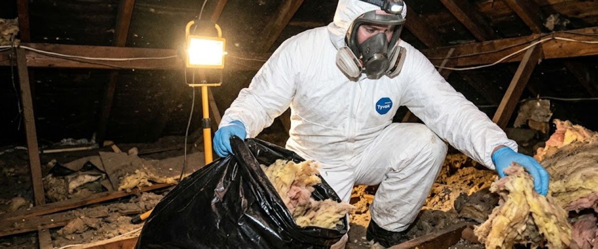 Technician in protective gear decontaminating attic after rodent infestation