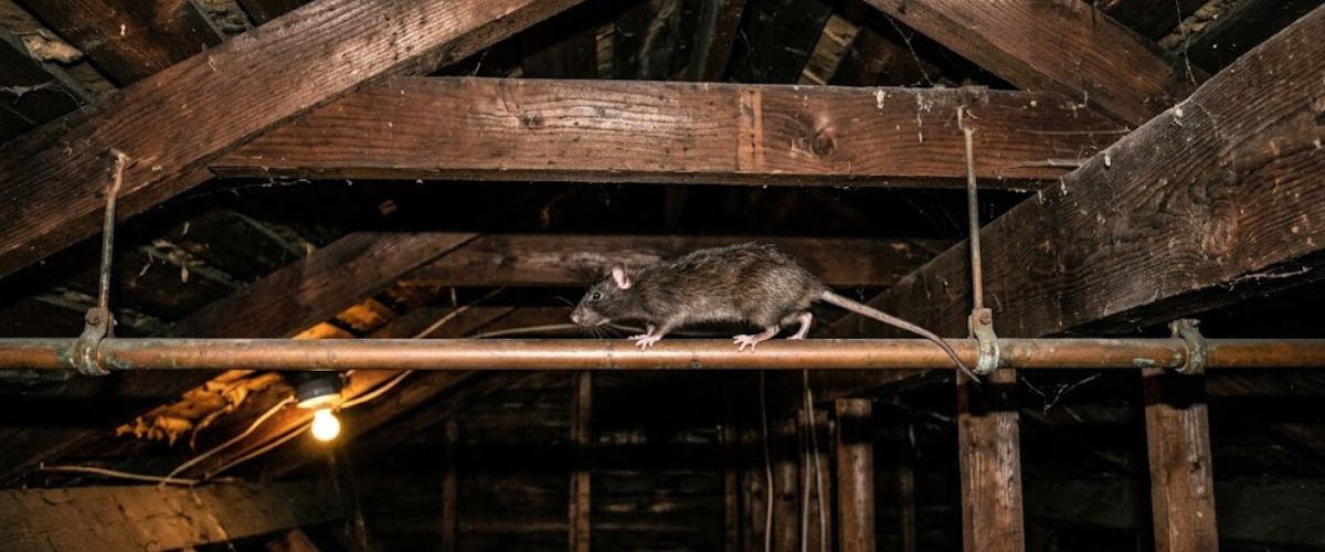 Roof rat removal technician inspecting Chattanooga attic soffit entry points